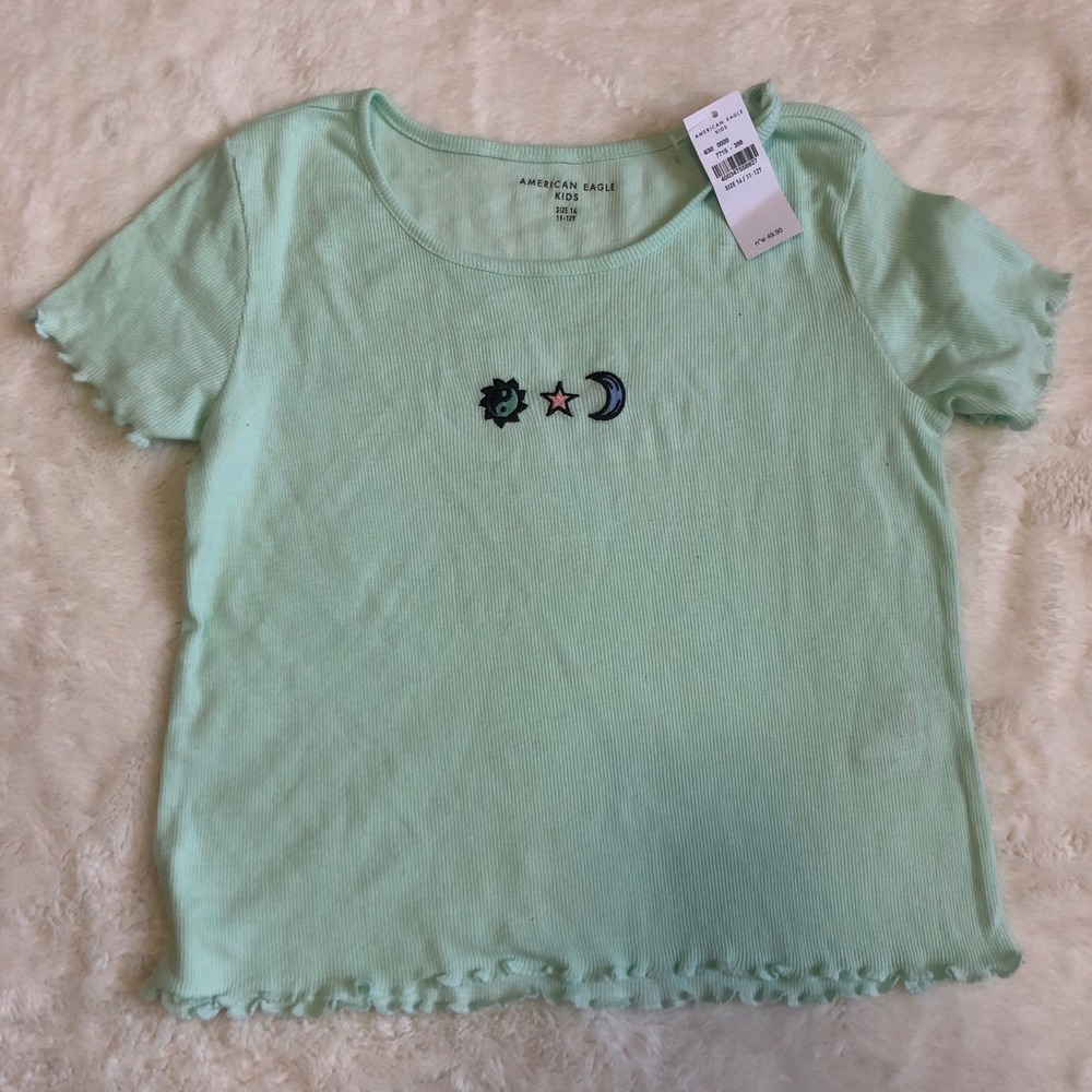 American Eagle Girls Light Green Ribbed Lettuce Trim Graphic T Shirt Size 14 NWT